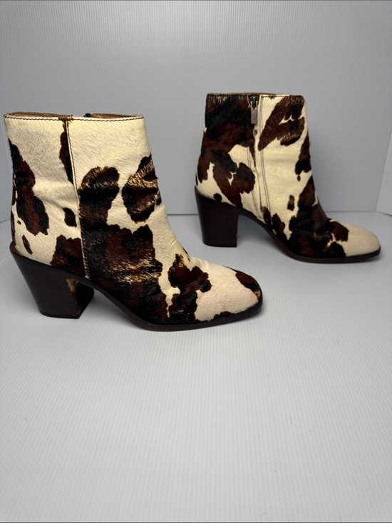 Frye Shoes - FRYE Calf Hair Cow Print Ankle Boots Heeled Cream Brown Side Zip Western 8.5